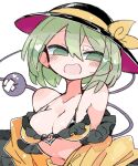  1girl black_headwear blush bra breasts cleavage collarbone green_eyes green_hair hair_between_eyes hat hat_ribbon komeiji_koishi large_breasts massakasama open_mouth ribbon shirt short_hair simple_background solo third_eye touhou underwear upper_body white_background yellow_bra yellow_ribbon yellow_shirt 