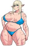  1girl blonde_hair breasts contrapposto cowboy_shot cropped_legs elf-san_wa_yaserarenai. green_eyes hand_on_own_hip huge_breasts ooeda_(elf-san_wa_yaserarenai) plump pointy_ears scar scar_on_arm scar_on_breasts scar_on_cheek scar_on_face scar_on_hand scar_on_leg solo sweat synecdoche thick_thighs thighs 