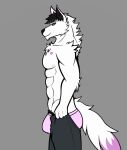  anthro barazoku black_hair black_sclera bulge canid canine canis chest_tuft clothing fluffy fur hair humanoid koziol looking_at_viewer male mammal muscular muscular_male nipples pecs pink_body pink_clothing pink_fur pink_underwear rex_(koziol) shoulder_tuft sketch smug_face solo tight_pants_(meme) tuft underwear white_body white_fur wolf 