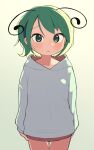  1girl alternate_costume antennae blush closed_mouth commentary_request cowboy_shot flat_chest green_eyes green_hair highres hood hood_down hoodie long_sleeves looking_at_viewer medium_bangs raised_eyebrows short_hair solo touhou ugif white_hoodie wriggle_nightbug 