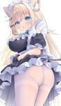  1girl :o accidental_exposure animal_ear_fluff animal_ears ass black_dress blonde_hair blue_eyes blush branch breasts cat_ears commentary_request copyright_request dress from_behind hair_intakes highres huge_ass large_breasts long_hair looking_at_viewer looking_back maid maid_headdress pantyhose parted_lips puffy_short_sleeves puffy_sleeves satsuki_yukimi short_sleeves simple_background solo standing thighband_pantyhose very_long_hair virtual_youtuber white_background white_pantyhose wrist_cuffs 