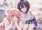  2girls :d bare_shoulders bed black_hair blue_eyes blue_skirt closed_mouth commentary_request curtains dress frilled_skirt frills hair_between_eyes hair_ornament hairband heart heart_pillow indoors kneeling long_hair lying multiple_girls ne-on nijisanji no_shoes off-shoulder_shirt off_shoulder official_art on_stomach outstretched_arm pillow pink_hair puffy_short_sleeves puffy_sleeves sample_watermark shirt short_sleeves skirt smile socks soles sorahoshi_kirame suo_sango very_long_hair virtual_youtuber watermark white_dress white_hairband white_shirt white_socks window 