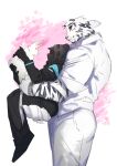  1boy 1other animal animal_ears arknights ass bara carrying carrying_person chinese_zodiac doctor_(arknights) facial_hair feet_out_of_frame formal furry furry_male goatee high_ponytail holding holding_animal male_focus mountain_(arknights) mountain_(book_reader)_(arknights) muscular muscular_male official_alternate_costume rabbit scar scar_across_eye scar_on_arm short_hair size_difference smile suit thick_eyebrows tiger_boy tiger_ears white_hair year_of_the_rabbit youmoxto 