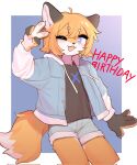  ambiguous_gender anthro black_body black_clothing black_fur black_shirt black_topwear blonde_hair blue_eyes bottomwear canid canine claws clothed clothing crayon_(artist) english_text fluffy fluffy_tail fox fully_clothed fur gesture hair happy_birthday hi_res inner_ear_fluff jacket kemono looking_at_viewer mammal multicolored_body multicolored_fur one_eye_closed open_mouth open_smile shirt short_hair shorts simple_background smile solo tail text topwear tuft v_sign white_body white_fur wink yellow_body yellow_fur 