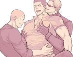  3boys albert_wesker anger_vein bara blush chris_redfield clenched_teeth facial_hair father_and_son gloves grabbing grabbing_from_behind jacket jake_muller large_pectorals looking_at_another male_focus multiple_boys muscular muscular_male open_mouth pectoral_grab pectorals resident_evil resident_evil_5 resident_evil_6 shirt short_hair smile sunglasses teeth upper_body very_short_hair yaoi you_mama_n 