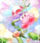 :d :o arm_up artist_name bean_stalk blush blush_stickers closed_eyes closed_mouth cloud commentary_request day fang highres holding holding_umbrella kirby kirby_(series) leaf lens_flare light_rays looking_at_another looking_up no_humans open_mouth outdoors parasol parasol_kirby scarfy smile star_(symbol) stern_(stern_dream) sunlight umbrella water 