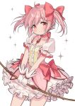  1girl absurdres artist_name bow dress gloves hair_bow haruki_(colorful_macaron) highres kaname_madoka looking_at_viewer mahou_shoujo_madoka_magica pink_bow pink_dress pink_eyes pink_hair short_hair smile solo sparkle thighs white_background white_gloves 