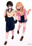  2girls absurdres bag black_bag black_hair blue_skirt bracelet brown_eyes brown_footwear cardigan closed_mouth double_scoop falling food hair_between_eyes highres hikarigaoka_high_school_uniform holding holding_bag holding_food holding_ice_cream ice_cream ice_cream_cone jewelry k-on! k-on!_shuffle kakifly kawabe_risa long_hair long_skirt medium_hair multiple_girls official_art ohtake_ranka open_mouth pink_cardigan polka_dot polka_dot_background purple_eyes scan school_bag school_uniform shirt_tucked_in shoes simple_background skirt socks white_socks yellow_bracelet 