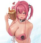  1girl absurdres ahoge bikini black_choker bluepaint blush breasts choker cleavage collarbone cropped_torso cup fang goddess_of_victory:_nikke hair_intakes hair_ornament heart highres huge_breasts mast_(nikke) mug multicolored_hair open_mouth pink_bikini pink_hair simple_background skin_fang skull_choker skull_hair_ornament skull_ornament skull_print smile solo streaked_hair swimsuit twintails two-tone_hair white_background 