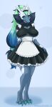  2022 absurd_res anthro astral_melodia barefoot biped blue_eyes blue_hair claws cleavage_cutout clothing digital_media_(artwork) feet female full-length_portrait generation_2_pokemon green_hair hair hi_res igazella legendary_pokemon long_hair looking_at_viewer maid_headdress maid_uniform multicolored_hair nintendo pokemon pokemon_(species) portrait shaded solo standing suicune text toe_claws two_tone_hair uniform url 