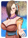  1girl bare_shoulders bead_necklace beads blush breasts brown_eyes brown_hair cleavage commission detached_sleeves english_commentary fire_emblem fire_emblem_fates fire_emblem_heroes fireworks hair_over_one_eye highres ibushi_(oath) japanese_clothes jewelry kagero_(fire_emblem) kagero_(winds_offered)_(fire_emblem) kimono large_breasts leather_strap long_hair looking_at_viewer mixed-language_commentary necklace night night_sky ninja official_alternate_costume open_mouth pinwheel_hair_ornament ponytail reaching reaching_towards_viewer short_kimono simple_background skeb_commission sky smile solo star_(sky) starry_sky upper_body 