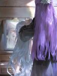  2girls =_= black_robe closed_eyes fern_(sousou_no_frieren) frieren from_behind grey_hair half_updo highres indoors long_hair mirror multiple_girls pointy_ears purple_hair quasarcake reflection robe sitting sleepy sousou_no_frieren tying_another&#039;s_hair very_long_hair 