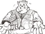  anthro belly blush canid canine canis clothing domestic_dog exe_exem lifewonders live_a_hero looking_at_viewer male mammal nordic_sled_dog overweight pouch_(clothing) samoyed sketchy smile solo spitz topknot topwear vest yohack 