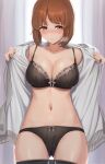  1girl absurdres black_bra black_panties bra breasts brown_eyes brown_hair curtains girls_und_panzer highres hukahito jacket large_breasts looking_at_viewer navel nishizumi_miho open_clothes open_jacket panties parted_lips short_hair solo stomach underwear white_jacket 