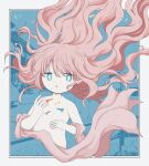  1girl ashi_izumo blue_background blue_eyes border bright_pupils commentary completely_nude cropped_torso floating_hair grey_border hair_between_eyes highres long_hair looking_at_viewer nude original outside_border photo_background pink_hair solo swept_bangs symbol-only_commentary very_long_hair white_pupils 