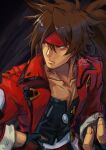  1boy black_background black_gloves brown_hair collarbone fingerless_gloves forehead_protector gloves guilty_gear guilty_gear_xrd headband highres jacket long_hair looking_to_the_side male_focus muscular muscular_male red_eyes red_jacket simple_background sol_badguy spiked_hair yora 