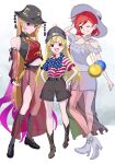  3girls adapted_costume american_flag_shirt beanie black_headwear black_shorts blonde_hair clownpiece detached_sleeves dress hat highres horikawa_raiko junko_(touhou) looking_at_viewer mizoreshi multiple_girls navel pants purple_eyes purple_pants red_eyes red_hair short_sleeves shorts sleeveless smile sun_hat touhou two-tone_shirt white_dress white_headwear 