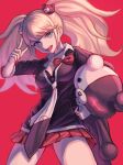  1girl :d bear_hair_ornament black_choker black_necktie black_shirt blonde_hair blue_eyes bow breasts choker cowboy_shot danganronpa:_trigger_happy_havoc danganronpa_(series) enoshima_junko glowing glowing_eye hair_ornament highres holding holding_stuffed_toy large_breasts long_hair miniskirt monokuma necktie pleated_skirt red_background red_bow red_nails red_skirt shirt simple_background skirt smile solo stuffed_animal stuffed_toy teddy_bear twintails two-tone_necktie two-tone_shirt umeumeumestar white_necktie 