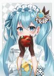 1girl absurdres apple apple_hair_ornament black_gloves blue_bow blue_eyes blue_hair blush bonnet border bow checkered_background covering_mouth dot_nose earrings egasumi flower_earrings food food-themed_hair_ornament fruit gloves hair_behind_ear hair_between_eyes hair_bow hair_ornament hatsune_miku highres holding holding_food holding_fruit japanese_clothes jewelry kimono lace-trimmed_gloves lace_trim long_hair looking_at_viewer noneon319 obi own_hands_together print_kimono raised_eyebrows red_apple sash sidelocks solo striped striped_bow twintails upper_body uroko_(pattern) vocaloid white_border white_headwear white_kimono 