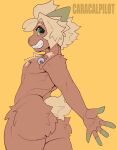  absurd_res anthro blonde_hair bovid brown_body brown_fur butt caprine caracalpilot ear_piercing ear_ring floppy_ears fur gauged_ear goat grin hair hi_res horizontal_pupils horn male mammal novan_(character) nude piercing pupils ring_piercing simple_background smile solo wide_eyed yellow_background 