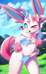  &lt;3 2020 anthro artist_name biped blue_sclera blush bow_(anatomy) claws cloud covering covering_chest covering_crotch dated digital_media_(artwork) eeveelution female finger_claws fur generation_6_pokemon grass hair_bow_(anatomy) hand_on_hip hand_on_own_hip handpaw hi_res looking_at_viewer lunesnowtail mountain navel neck_bow_(anatomy) nintendo nude one_eye_closed open_mouth paws pink_body pink_fur plant pokemon pokemon_(species) ribbons_(anatomy) shaded sky solo standing sylveon white_body white_eyes white_fur wink winking_at_viewer 