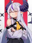  1girl ascot bare_shoulders black_horns black_nails braid braided_bangs closed_eyes crossed_arms dot_keter highres hololive horns la+_darknesss la+_darknesss_(1st_costume) long_hair multicolored_hair pointy_ears pout purple_hair streaked_hair striped_horns virtual_youtuber yellow_ascot 