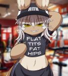  absurd_res anthro clothing digital_media_(artwork) female fur hair hat headgear headwear hi_res looking_at_viewer made_in_abyss meme nanachi photo_background photography_(artwork) smug_face smugbuns solo tan_body tan_fur text text_on_clothing whiskers white_hair yellow_eyes 