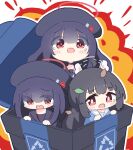  3girls animal_ears arrow_(symbol) black_choker black_hair black_headwear black_sailor_collar black_shirt blue_archive blue_shirt blunt_bangs blush_stickers chibi choker commentary halo hands_up hat justice_task_force_member_(blue_archive) leaf leaf_on_head long_hair looking_at_viewer miyu_(blue_archive) multiple_girls no_nose pink_pupils rabbit_ears raised_eyebrows recycle_bin recycling_symbol red_eyes red_halo sailor_collar shirt tearing_up umihio white_sailor_collar 