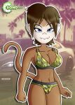  absurd_res anthro artist_logo bedroom_eyes bikini bikini_bottom bikini_top bottomwear breasts brown_body brown_fur brown_tail camo camo_bottomwear camo_clothing camo_print camo_topwear car clothed clothing cronoart cute_fangs cypher_(cronoart) fangs female fur green_clothing green_topwear haplorhine hi_res logo looking_at_viewer mammal monkey narrowed_eyes navel nissan nissan_gtr outline palm_tree pattern_bottomwear pattern_clothing pattern_topwear plant primate seductive sepia_background skimpy solo swimwear tail teeth topwear tree vehicle 