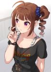  1girl ahoge arm_behind_back black_shirt blue_scrunchie blush bracelet brown_hair closed_mouth commentary drill_hair frown grey_tank_top hair_ornament hair_scrunchie hand_in_own_hair highres idolmaster idolmaster_million_live! jewelry kamille_(vcx68) looking_to_the_side medium_hair motion_lines necklace print_scrunchie print_shirt purple_eyes scrunchie shirt shirt_straps short_sleeves side_drill side_ponytail sidelocks solo star_(symbol) star_necklace star_print t-shirt tank_top upper_body yokoyama_nao 