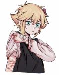  1boy alternate_costume bandaged_hand bandages bandaid bandaid_on_face bandaid_on_nose basil_(faraway)_(omori) basil_(omori) black_sweater_vest blonde_hair blood blood_on_clothes blood_on_hands blue_eyes collared_shirt flower hair_flower hair_ornament highres long_sleeves looking_at_viewer niu_tata omori parted_lips self-harm shirt short_hair simple_background solo sweater_vest tearing_up upper_body white_background white_shirt 