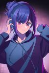  1girl adjusting_headphones alternate_hairstyle black_hoodie closed_mouth collarbone gradient_background hair_bun headphones highres hood hoodie hoshino_ai_(oshi_no_ko) kita_yharu long_sleeves looking_at_viewer oshi_no_ko purple_eyes purple_hair revision shadow sidelocks single_hair_bun solo star-shaped_pupils star_(symbol) swept_bangs symbol-shaped_pupils upper_body 