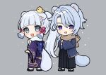  1boy 1girl animal_ears black_hakama blue_bow blue_eyes blue_hair blue_kimono blush bow genshin_impact hakama japanese_clothes kamisato_ayaka kamisato_ayato kimono long_hair long_sleeves marimo_jh open_mouth raccoon_boy raccoon_ears raccoon_girl raccoon_tail simple_background smile tail very_long_hair white_hair wide_sleeves 