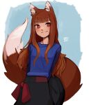  1girl 2023 animal_ears artist_name black_skirt blue_background blue_shirt blush bow bow_skirt breasts brown_hair highres holo kart_prowler long_hair long_sleeves looking_at_viewer red_bow red_eyes shirt sidelocks simple_background skirt small_breasts smile solo spice_and_wolf tail wolf_ears wolf_girl wolf_tail 