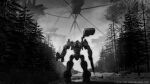  621_(armored_core_6) armored_core armored_core_6 english_commentary from_behind greyscale highres holding holding_weapon l_aciel mecha monochrome outdoors robot rocket_launcher science_fiction snow thrusters tree weapon 