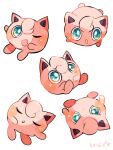  :d :o animal_focus blue_eyes closed_eyes colored_skin commentary_request dot_mouth hanabusaoekaki highres jigglypuff multiple_views no_humans one_eye_closed open_mouth pink_skin pokemon pokemon_(creature) sitting sleeping smile upside-down 