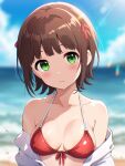  1girl absurdres amami_haruka beach bikini blue_sky blurry blurry_background blush breasts brown_hair chromatic_aberration collarbone commentary_request day green_eyes gyorui_(katsuwo_drawing) hair_ribbon highres idolmaster idolmaster_(classic) jacket looking_at_viewer medium_breasts off_shoulder open_clothes open_jacket outdoors red_bikini red_ribbon ribbon shiny_skin short_hair sky solo sunlight sweat swimsuit water white_jacket 