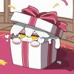  1girl :3 bags_under_eyes blush bow box closed_mouth commentary_request confetti dorodra_(kisaragi_kaya) gift gift_box heart in_box in_container indoors jitome kisaragi_kaya liquid_hair monster_girl open_box original peeking_out pink_bow smile solo white_hair yellow_eyes 