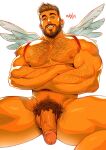  1boy abs arm_hair bara beard body_hair chest_hair chest_harness crossed_arms cupid dark-skinned_male dark_skin excessive_pubic_hair facial_hair feathered_wings feet_out_of_frame hairy half-erect harness highres large_pectorals looking_at_viewer male_focus male_pubic_hair mature_male mavex_art muscular muscular_male nipples original pectorals pubic_hair short_hair smile solo spread_legs stomach thick_thighs thighs valentine wings 