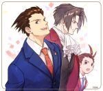  3boys ace_attorney apollo_justice apollo_justice:_ace_attorney ascot black_eyes black_hair black_vest blue_eyes blue_jacket blue_necktie blue_suit closed_mouth collared_shirt formal grey_eyes grey_hair isasasa001 jacket looking_at_viewer looking_away male_focus miles_edgeworth multiple_boys necktie open_mouth phoenix_wright profile red_jacket red_necktie red_vest shirt short_hair smile suit upper_body vest white_background white_shirt 