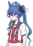  1girl @_@ ahoge animal_ears aqua_hair arms_at_sides blue_eyes blue_hair bow closed_mouth crossed_bangs gym_shirt hair_between_eyes hair_bow heterochromia horse_ears horse_girl long_hair looking_ahead multicolored_hair original_race_uniform_(umamusume) purple_eyes race_bib serious shirt short_sleeves sidelocks simple_background solo taruuma twin_turbo_(umamusume) twintails two-tone_hair umamusume upper_body v-shaped_eyebrows white_background white_shirt 