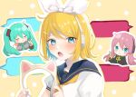  3girls aqua_hair black_sailor_collar black_sleeves blonde_hair blue_eyes blush bow commentary detached_sleeves fake_animal_ears_removed gohan_ga_umai! hair_bow hatsune_miku headset highres kagamine_rin megurine_luka multiple_girls open_mouth pink_hair rin-chan_now!_(vocaloid) sailor_collar school_uniform serafuku short_hair swept_bangs twintails vocaloid white_bow 