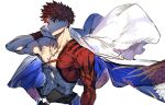  1boy emiya_shirou expressionless fate/grand_order fate_(series) floral_print holding igote kamonegi_(meisou1998) looking_ahead male_focus red_hair senji_muramasa_(fate) shadow short_hair simple_background solo toned toned_male upper_body white_background wind wristband yellow_eyes 