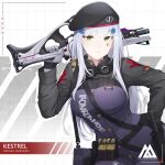  1girl artist_logo beret blunt_bangs breasts call_of_duty call_of_duty:_mobile character_name cosplay facial_mark girls&#039;_frontline gloves green_eyes grey_hair gun hair_ornament hat highres hk416_(girls&#039;_frontline) hk416_(girls&#039;_frontline)_(cosplay) holding jacket kestrel_(call_of_duty:_mobile) long_hair long_sleeves looking_at_viewer narchiart simple_background solo teardrop teardrop_facial_mark teardrop_tattoo very_long_hair weapon 