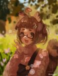  1girl :d animal_ears blunt_bangs brown_eyes fang hair_ornament hairclip highres indie_virtual_youtuber kikitchiwi_(vtuber) mushroom mushroom_on_head overalls pink_sweater raccoon_ears semi-rimless_eyewear short_hair smile sweater twitter_username under-rim_eyewear viewfinder virtual_youtuber wwparasi 