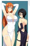  2girls armpits arms_behind_head ass bare_back bare_hips bare_shoulders black_dress black_eyes black_gloves black_hair bleach blue_background breasts cleavage collarbone commentary commission dress elbow_gloves english_commentary facing_viewer gloves highres inoue_orihime kuchiki_rukia lindaroze long_hair looking_back multiple_girls navel orange_hair paid_reward_available purple_eyes short_hair shy simple_background small_breasts standing thigh_strap thighs twitter_username web_address white_dress white_gloves 