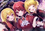  3girls arima_kana blonde_hair blush bob_cut closed_eyes dress happy hat highres hoshino_ruby idol idol_clothes jojoenikou long_hair memcho multiple_girls oshi_no_ko pink_eyes red_dress red_eyes red_hair short_hair smile 