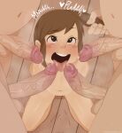  1girl 4boys blush_stickers brown_hair cum erection floor happy highres maniacbox multiple_boys multiple_penises navel nude ogino_chihiro penis sen_to_chihiro_no_kamikakushi teeth testicles tongue tongue_out upper_teeth_only 