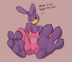  3_toes absurd_res anthro bulge clothed clothing dialogue dustyscooter feet foot_fetish foot_focus fully_clothed fur hi_res humanoid jax_(the_amazing_digital_circus) lagomorph leporid male mammal one_eye_closed overalls paws purple_body purple_fur rabbit simple_background smile smirk smug solo teeth the_amazing_digital_circus toes wink 