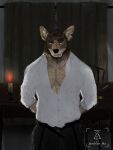  anthro big_pecs canid canine canis clothed clothing coyote echo_(game) echo_(series) echo_project facial_hair fur hair hi_res male male/male mammal muscular muscular_male open_clothing open_shirt open_topwear pecs sheriff shirt solo the_smoke_room topwear unbuckled_belt visual_novel william_adler 